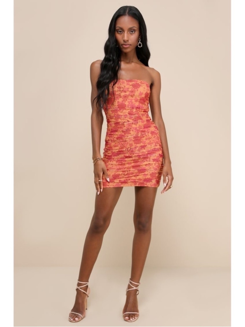 Lulus Mesmerizing Flirt Orange Floral Sz Large Mesh Strapless Ruched Mini Dress